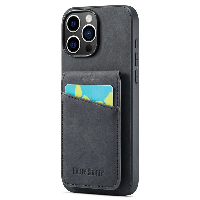 FIERRE SHANN 023 For iPhone 16 Pro Max Case Card Holder Kickstand Leather RFID Blocking Back Cover - Black - 2