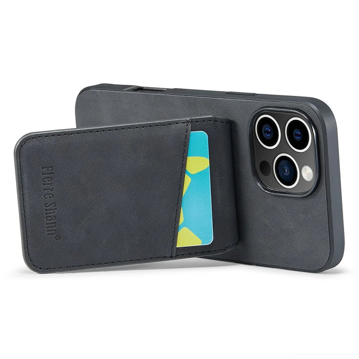 FIERRE SHANN 023 For iPhone 16 Pro Max Case Card Holder Kickstand Leather RFID Blocking Back Cover - Black - 4