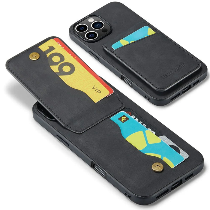 FIERRE SHANN 023 For iPhone 16 Pro Max Case Card Holder Kickstand Leather RFID Blocking Back Cover - Black - 5
