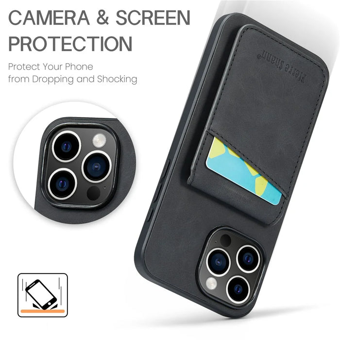 FIERRE SHANN 023 For iPhone 16 Pro Max Case Card Holder Kickstand Leather RFID Blocking Back Cover - Black - 6