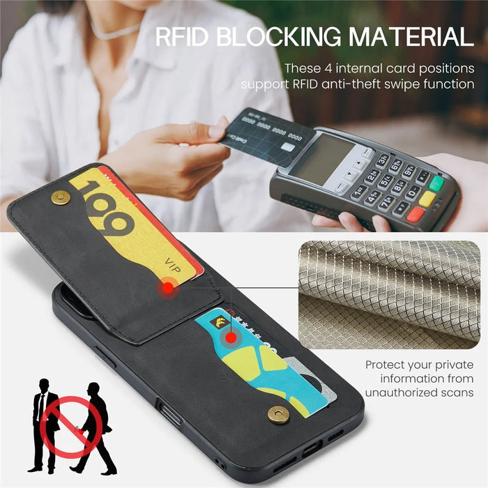 FIERRE SHANN 023 For iPhone 16 Pro Max Case Card Holder Kickstand Leather RFID Blocking Back Cover - Black - 7