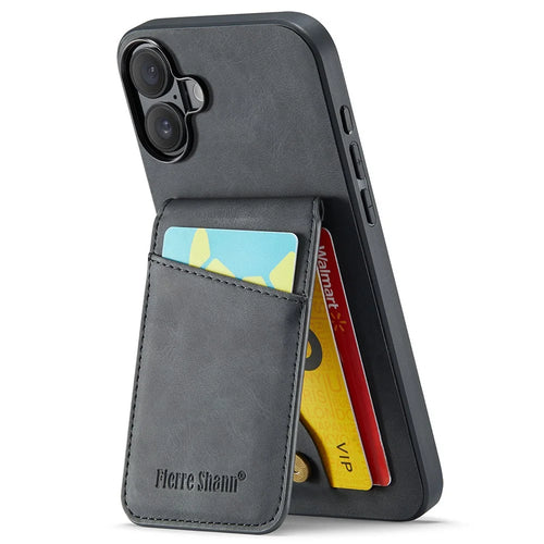 FIERRE SHANN 023 For iPhone 16 Case Card Holder Kickstand Leather RFID Blocking Back Cover - Black - 1