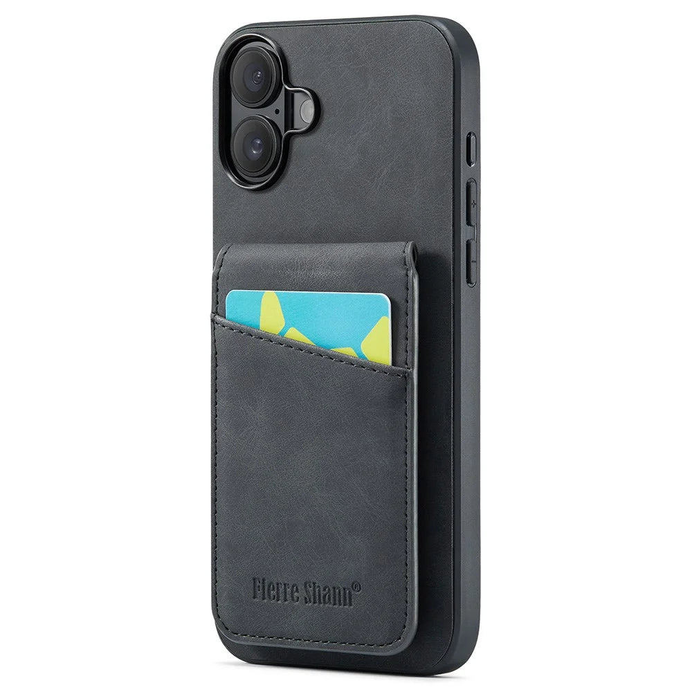 FIERRE SHANN 023 For iPhone 16 Case Card Holder Kickstand Leather RFID Blocking Back Cover - Black - 2