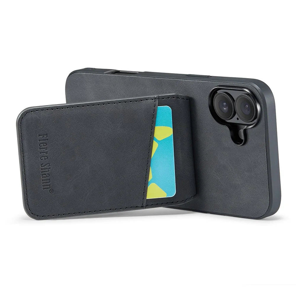 FIERRE SHANN 023 For iPhone 16 Case Card Holder Kickstand Leather RFID Blocking Back Cover - Black - 4