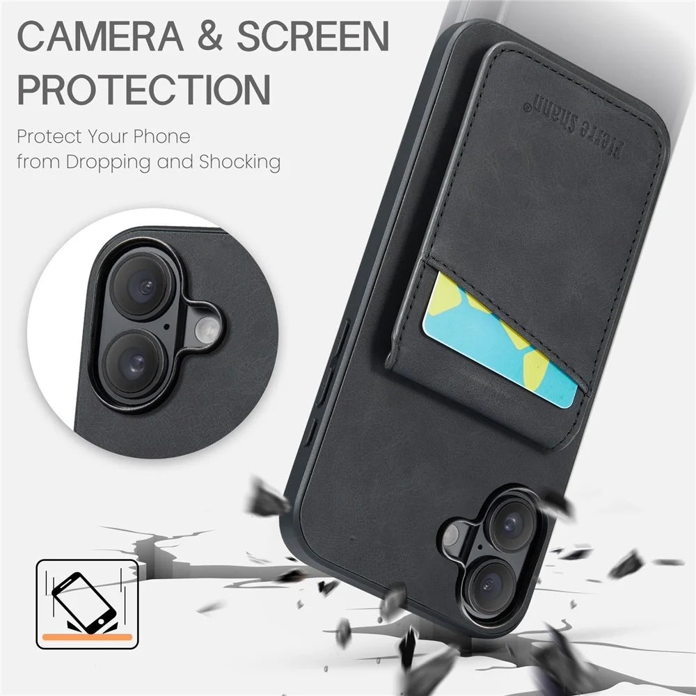 FIERRE SHANN 023 For iPhone 16 Case Card Holder Kickstand Leather RFID Blocking Back Cover - Black - 6