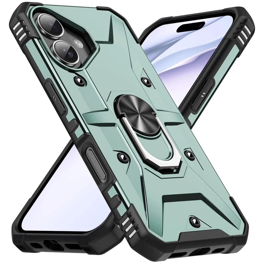 For iPhone 16 Case PC+ TPU Anti-Drop Phone Cover with Ring Kickstand - Dark Green - 1