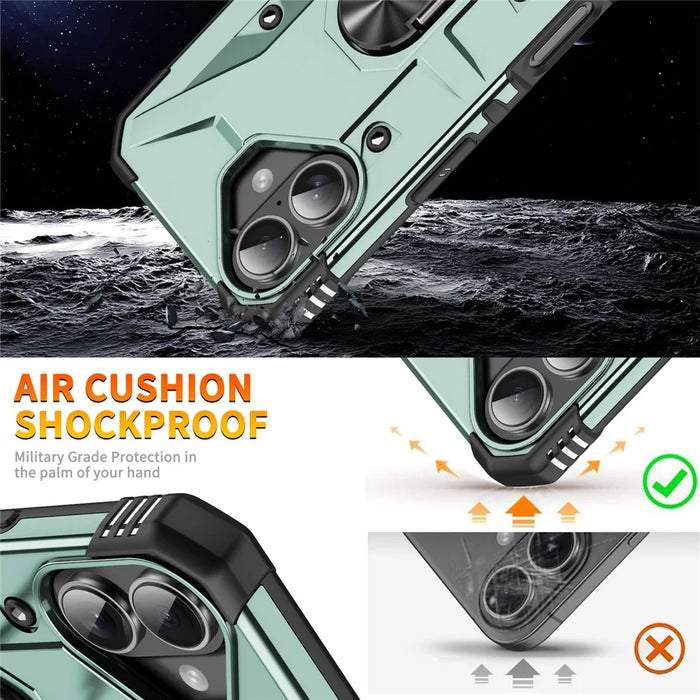 For iPhone 16 Case PC+ TPU Anti-Drop Phone Cover with Ring Kickstand - Dark Green - 2