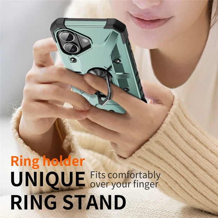 For iPhone 16 Case PC+ TPU Anti-Drop Phone Cover with Ring Kickstand - Dark Green - 4