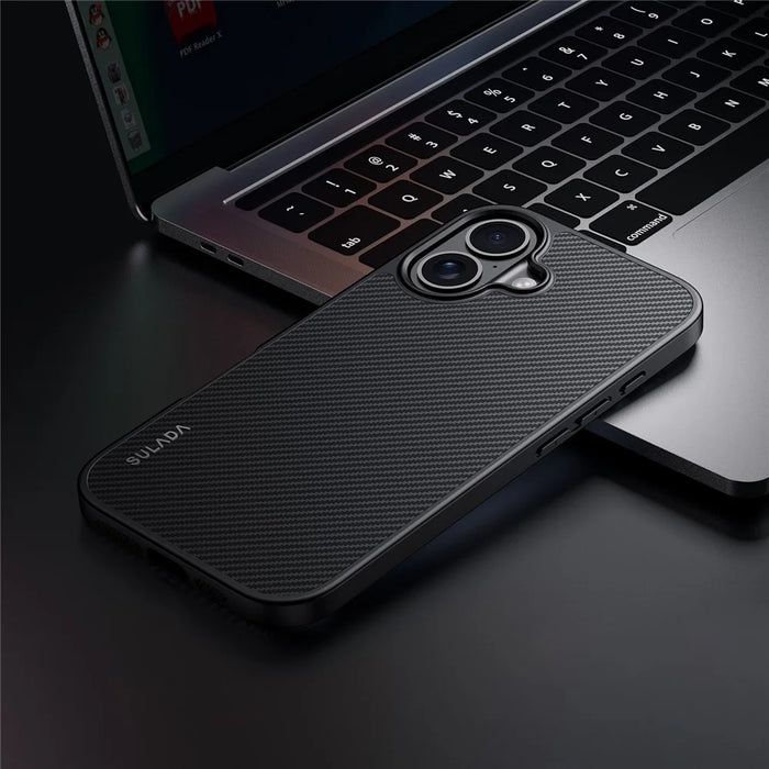 SULADA For iPhone 16 Case Compatible with MagSafe Metal Lens Frame PU+TPU Phone Cover - Black - 1