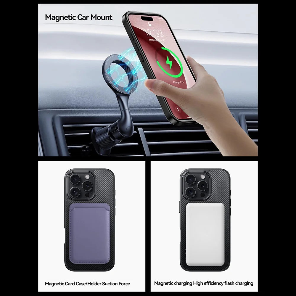 SULADA For iPhone 16 Pro Case Compatible with MagSafe Metal Lens Frame PU+TPU Phone Cover - Black - 3