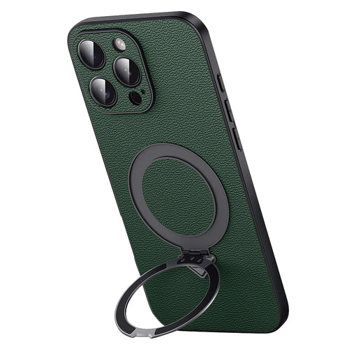 For iPhone 16 Pro Max Case Compatible with MagSafe Genuine Cow Leather+PC Kickstand Phone Cover - Green - 1