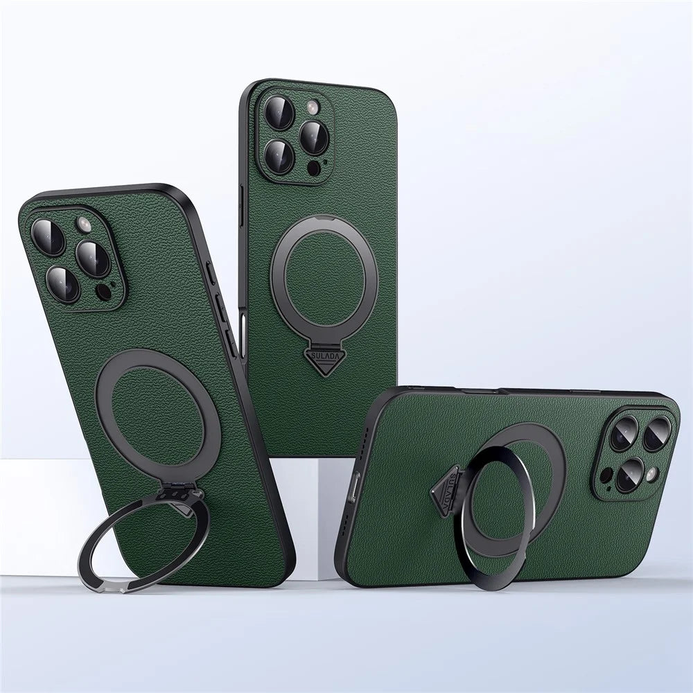For iPhone 16 Pro Max Case Compatible with MagSafe Genuine Cow Leather+PC Kickstand Phone Cover - Green - 2
