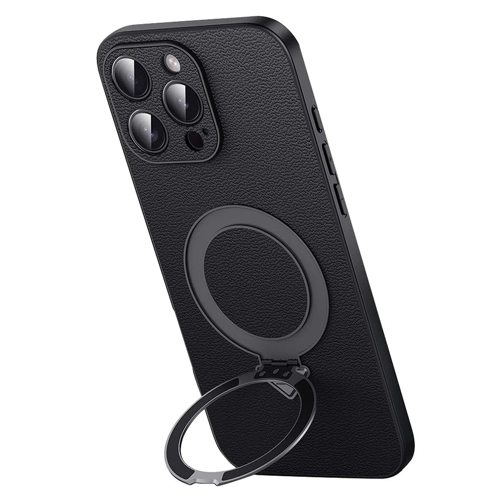 For iPhone 16 Pro Case Compatible with MagSafe Genuine Cow Leather+PC Kickstand Phone Cover - Black - 1