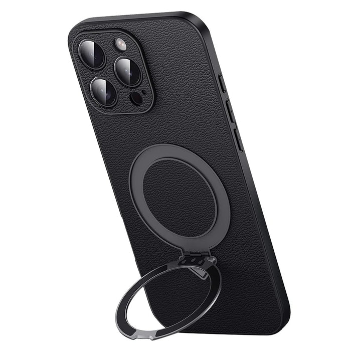 For iPhone 16 Pro Case Compatible with MagSafe Genuine Cow Leather+PC Kickstand Phone Cover - Black - 1