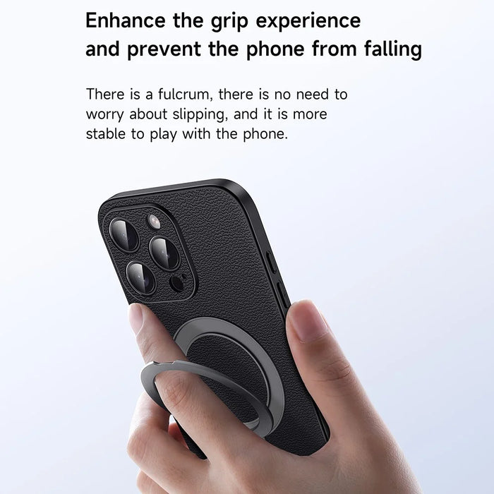 For iPhone 16 Pro Case Compatible with MagSafe Genuine Cow Leather+PC Kickstand Phone Cover - Black - 3