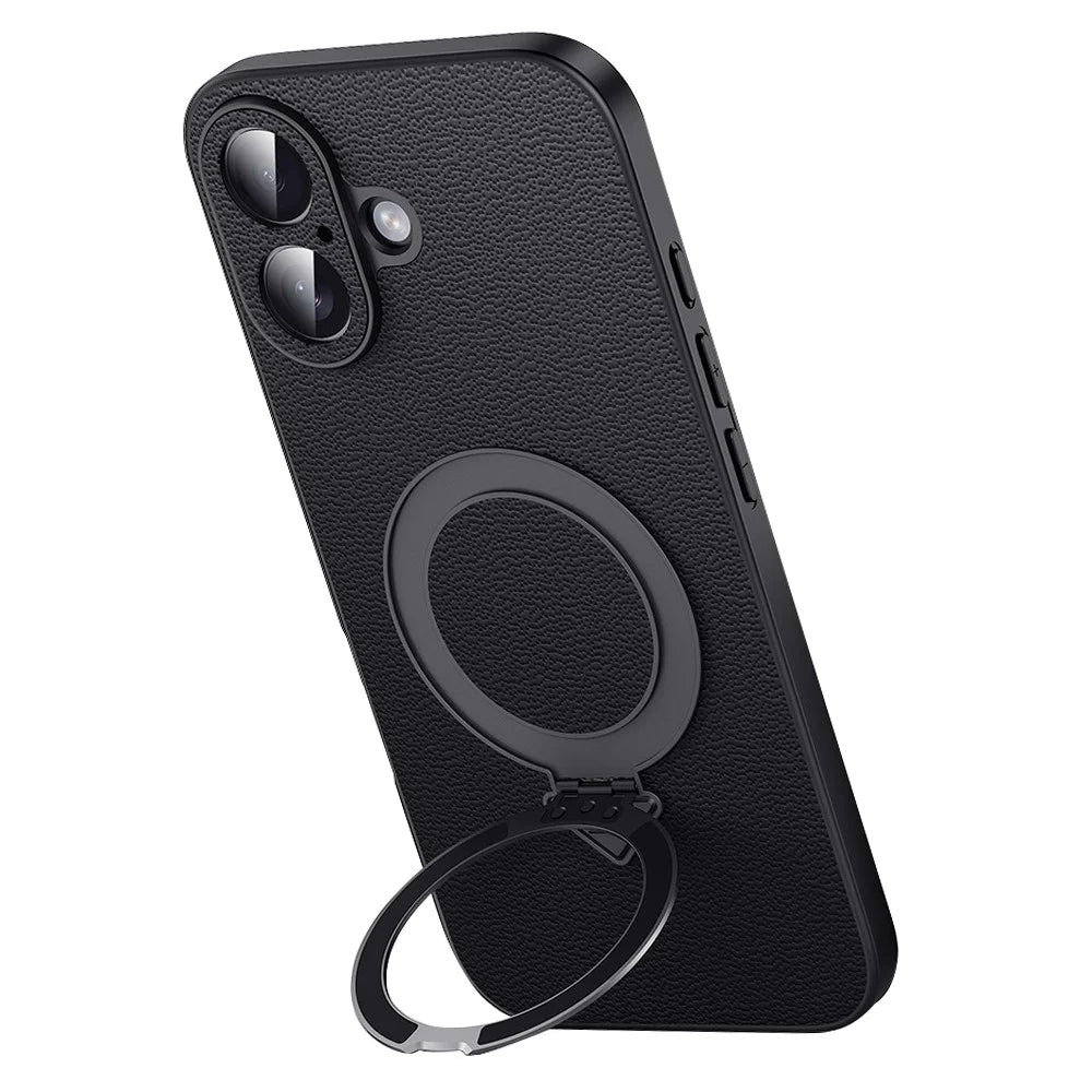 For iPhone 16 Plus Case Compatible with MagSafe Genuine Cow Leather+PC Kickstand Phone Cover - Black - 1