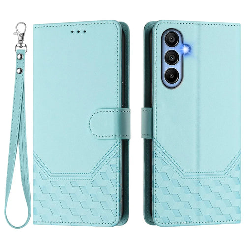 For Samsung Galaxy A16 5G / A16 4G Case Imprinted Honeycomb RFID Blocking Leather Phone Cover with Strap - Mint Green - 1