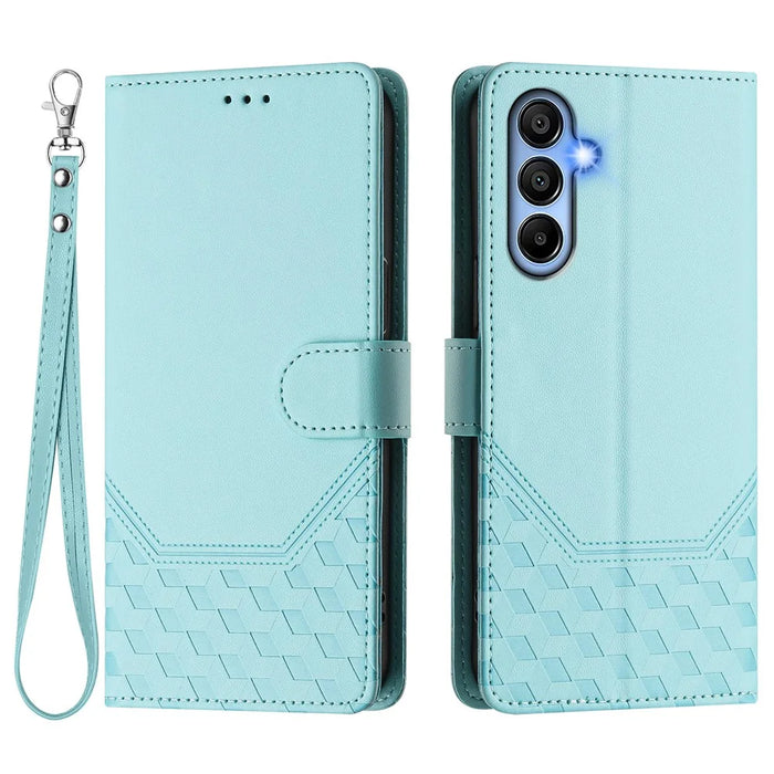 For Samsung Galaxy A16 5G / A16 4G Case Imprinted Honeycomb RFID Blocking Leather Phone Cover with Strap - Mint Green - 1