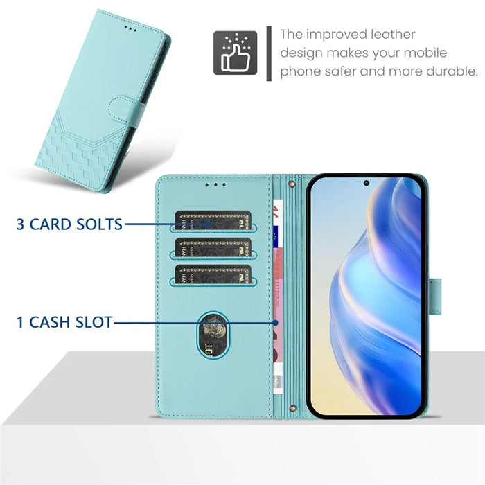 For Samsung Galaxy A16 5G / A16 4G Case Imprinted Honeycomb RFID Blocking Leather Phone Cover with Strap - Mint Green - 2