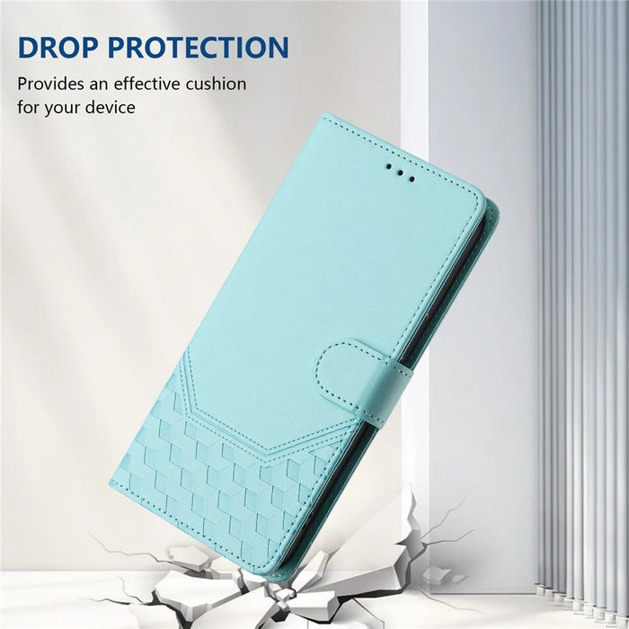For Samsung Galaxy A16 5G / A16 4G Case Imprinted Honeycomb RFID Blocking Leather Phone Cover with Strap - Mint Green - 5