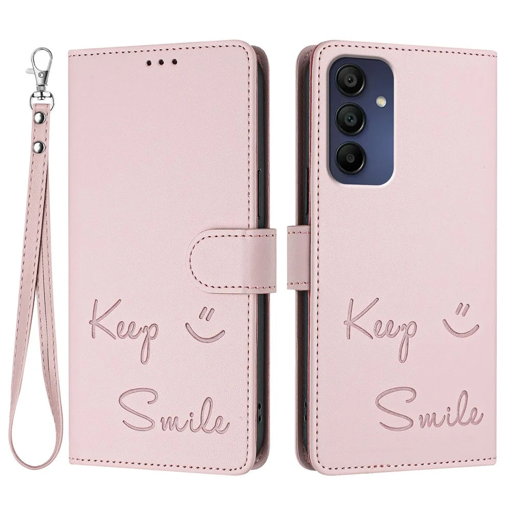For Samsung Galaxy A16 5G / A16 4G Case Smile Imprinted RFID Blocking Leather Phone Cover with Strap - Pink - 1
