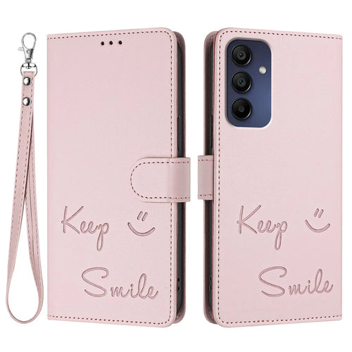 For Samsung Galaxy A16 5G / A16 4G Case Smile Imprinted RFID Blocking Leather Phone Cover with Strap - Pink - 1