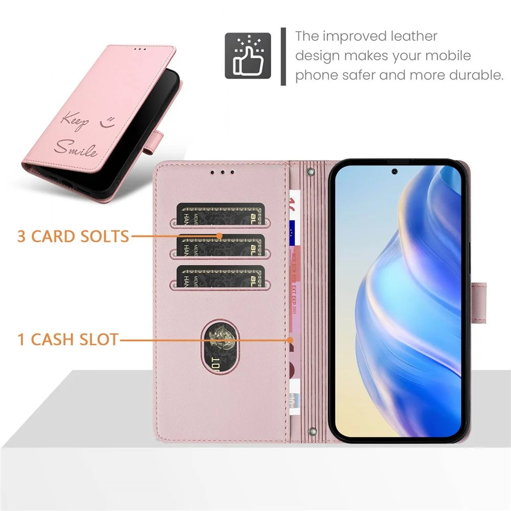 For Samsung Galaxy A16 5G / A16 4G Case Smile Imprinted RFID Blocking Leather Phone Cover with Strap - Pink - 2