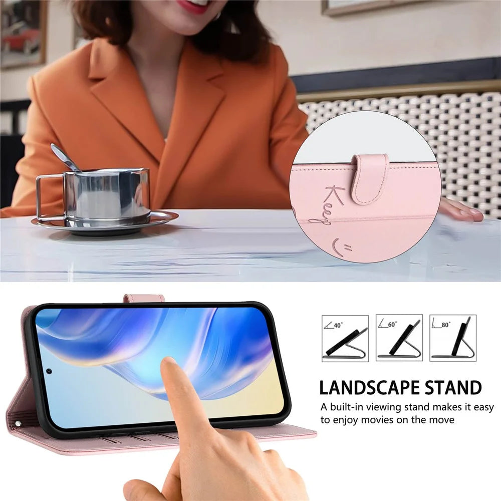 For Samsung Galaxy A16 5G / A16 4G Case Smile Imprinted RFID Blocking Leather Phone Cover with Strap - Pink - 3