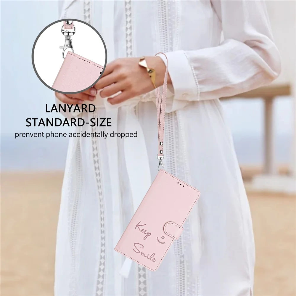 For Samsung Galaxy A16 5G / A16 4G Case Smile Imprinted RFID Blocking Leather Phone Cover with Strap - Pink - 4