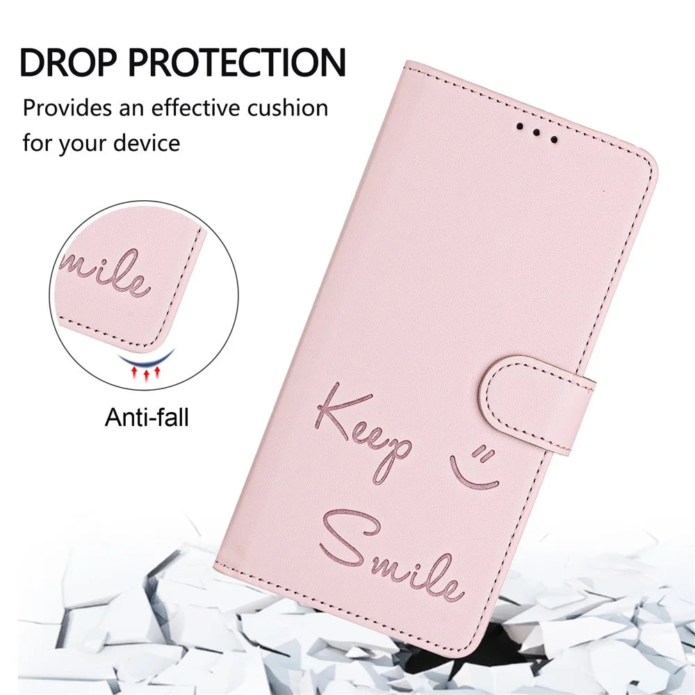 For Samsung Galaxy A16 5G / A16 4G Case Smile Imprinted RFID Blocking Leather Phone Cover with Strap - Pink - 5