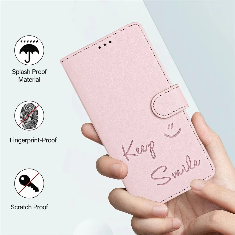For Samsung Galaxy A16 5G / A16 4G Case Smile Imprinted RFID Blocking Leather Phone Cover with Strap - Pink - 6