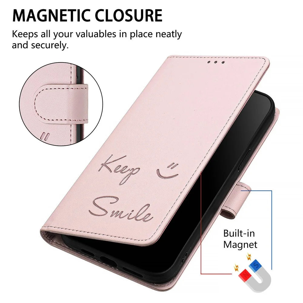 For Samsung Galaxy A16 5G / A16 4G Case Smile Imprinted RFID Blocking Leather Phone Cover with Strap - Pink - 7