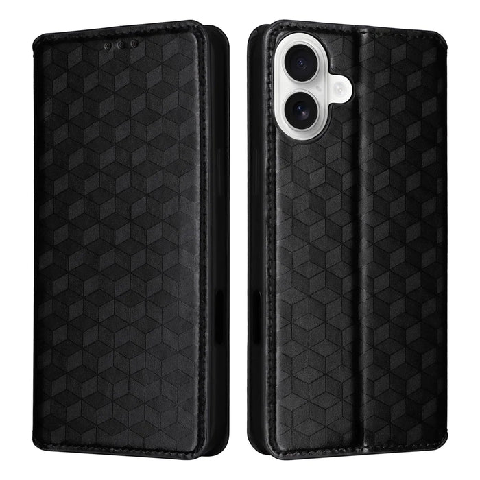 For iPhone 16 Plus Wallet Case Rhombus Imprinted Leather Phone Cover - Black - 1
