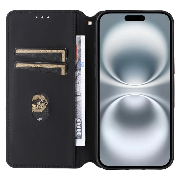 For iPhone 16 Plus Wallet Case Rhombus Imprinted Leather Phone Cover - Black - 2