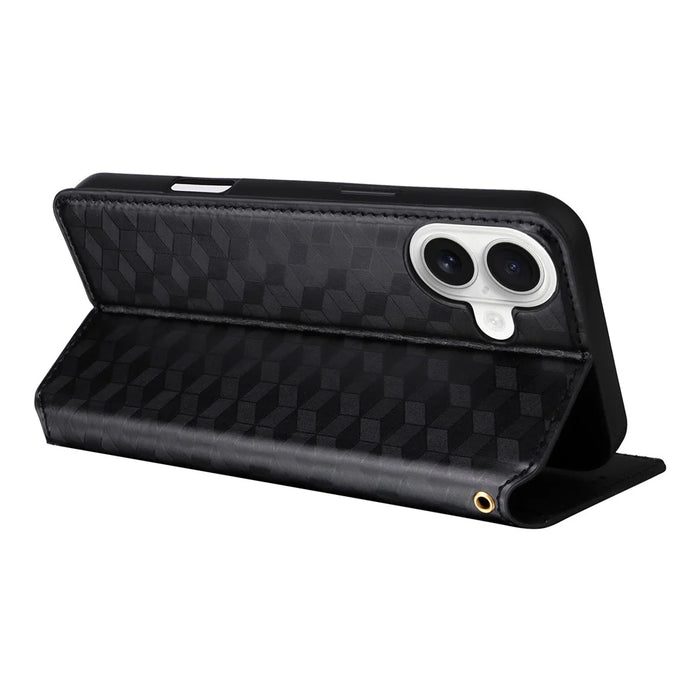 For iPhone 16 Plus Wallet Case Rhombus Imprinted Leather Phone Cover - Black - 4