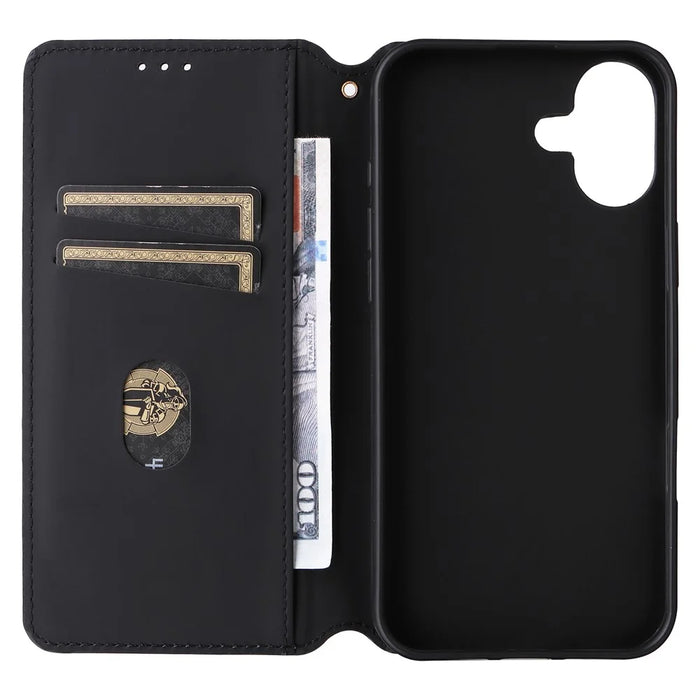 For iPhone 16 Plus Wallet Case Rhombus Imprinted Leather Phone Cover - Black - 5