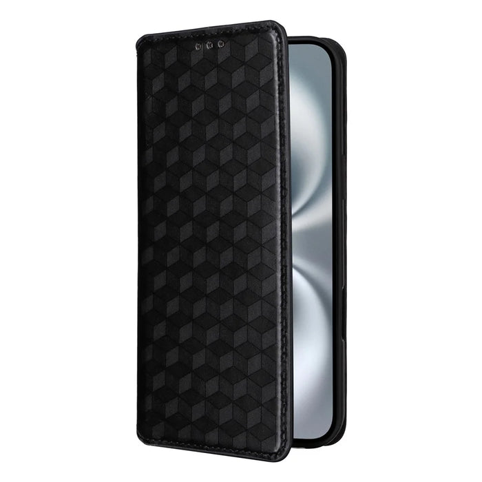 For iPhone 16 Plus Wallet Case Rhombus Imprinted Leather Phone Cover - Black - 6