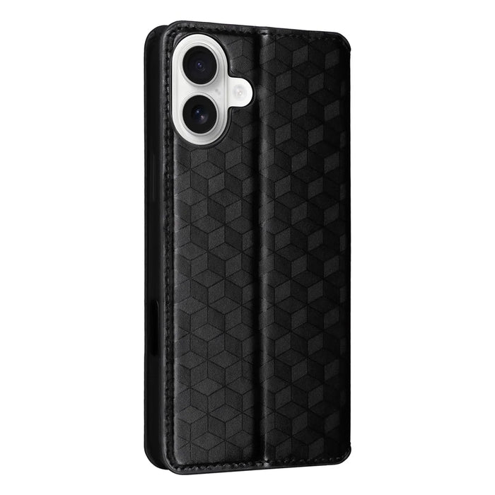 For iPhone 16 Plus Wallet Case Rhombus Imprinted Leather Phone Cover - Black - 7