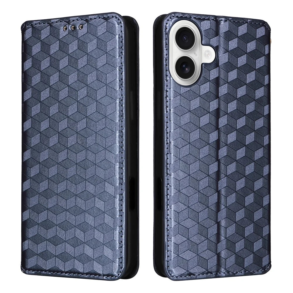 For iPhone 16 Wallet Case Rhombus Imprinted Leather Phone Cover - Blue - 1