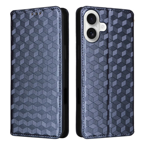 For iPhone 16 Wallet Case Rhombus Imprinted Leather Phone Cover - Blue - 1