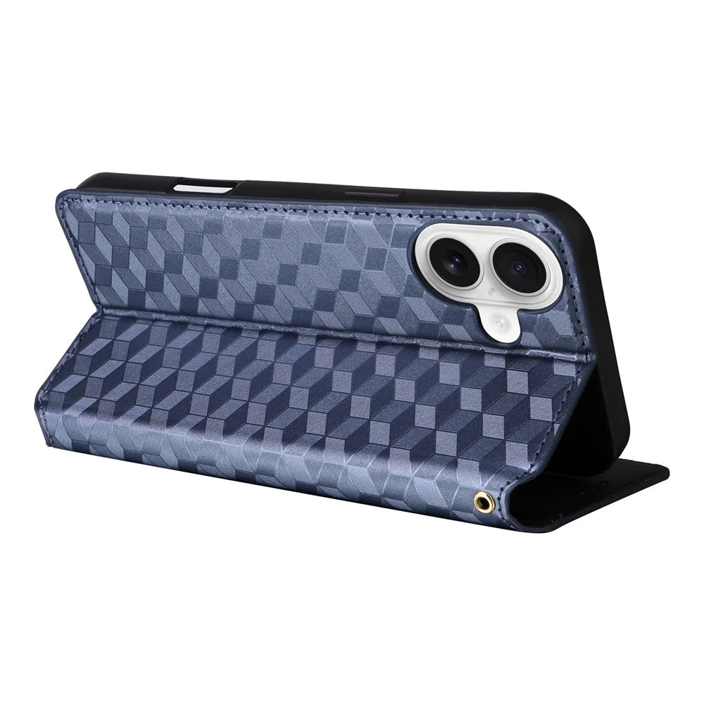 For iPhone 16 Wallet Case Rhombus Imprinted Leather Phone Cover - Blue - 4