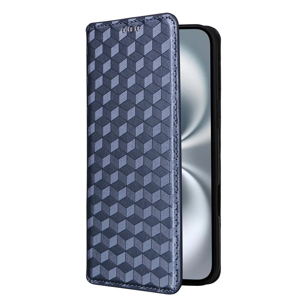 For iPhone 16 Wallet Case Rhombus Imprinted Leather Phone Cover - Blue - 6