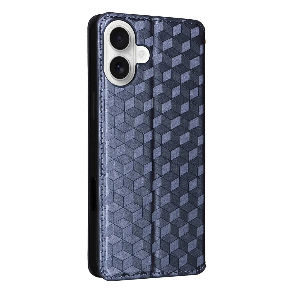 For iPhone 16 Wallet Case Rhombus Imprinted Leather Phone Cover - Blue - 7