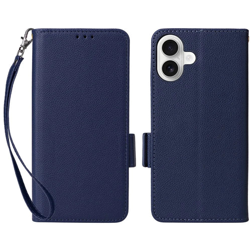For iPhone 16 Plus Case with Wrist Strap Litchi Texture PU Leather Wallet Phone Cover - Dark Blue - 1