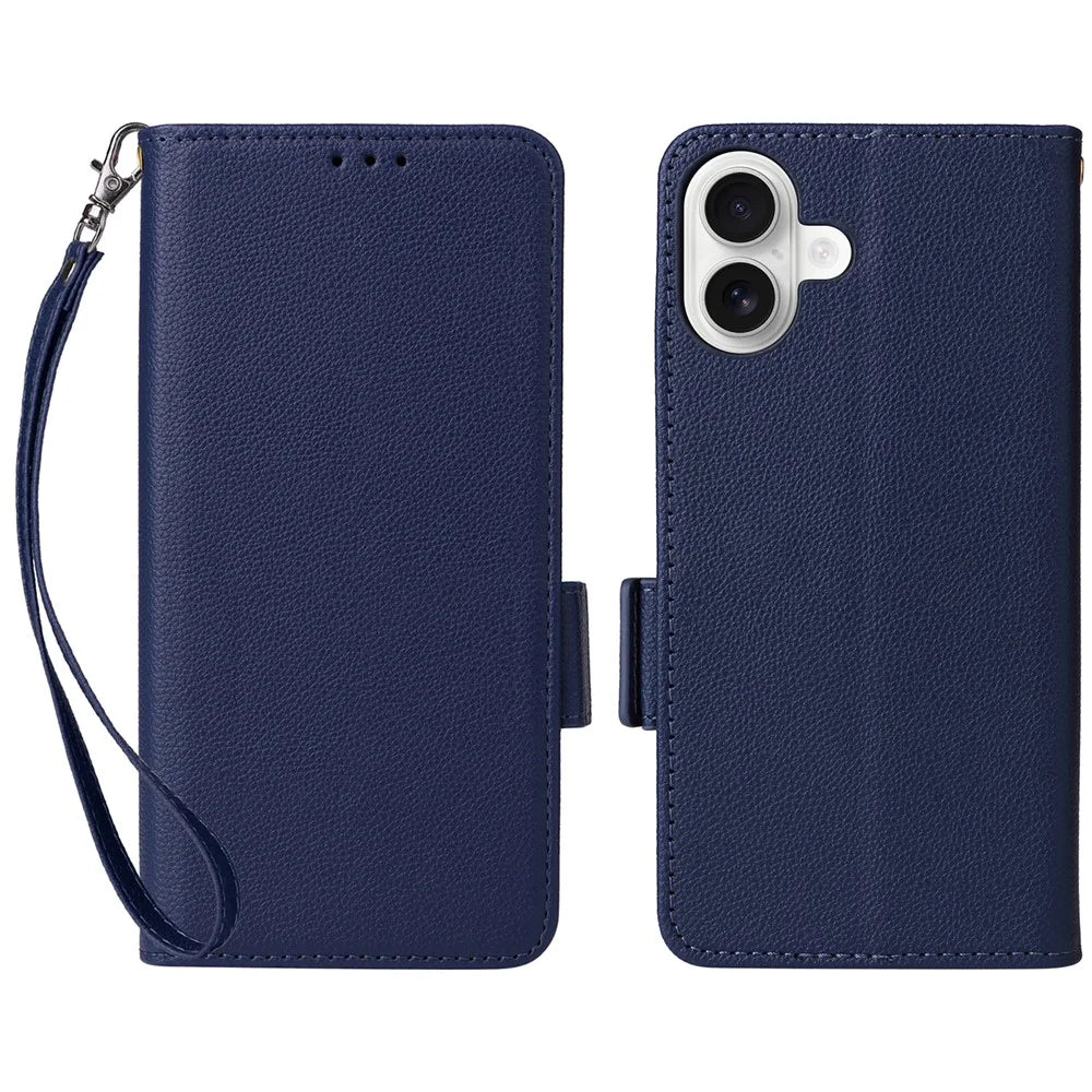 For iPhone 16 Plus Case with Wrist Strap Litchi Texture PU Leather Wallet Phone Cover - Dark Blue - 1