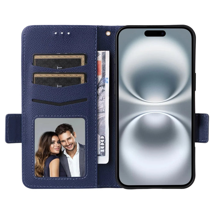 For iPhone 16 Plus Case with Wrist Strap Litchi Texture PU Leather Wallet Phone Cover - Dark Blue - 2