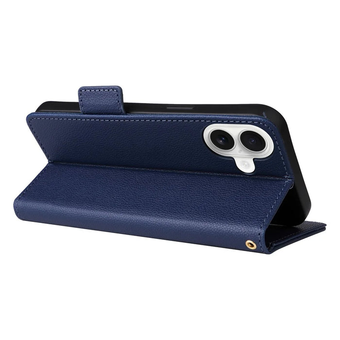 For iPhone 16 Plus Case with Wrist Strap Litchi Texture PU Leather Wallet Phone Cover - Dark Blue - 4
