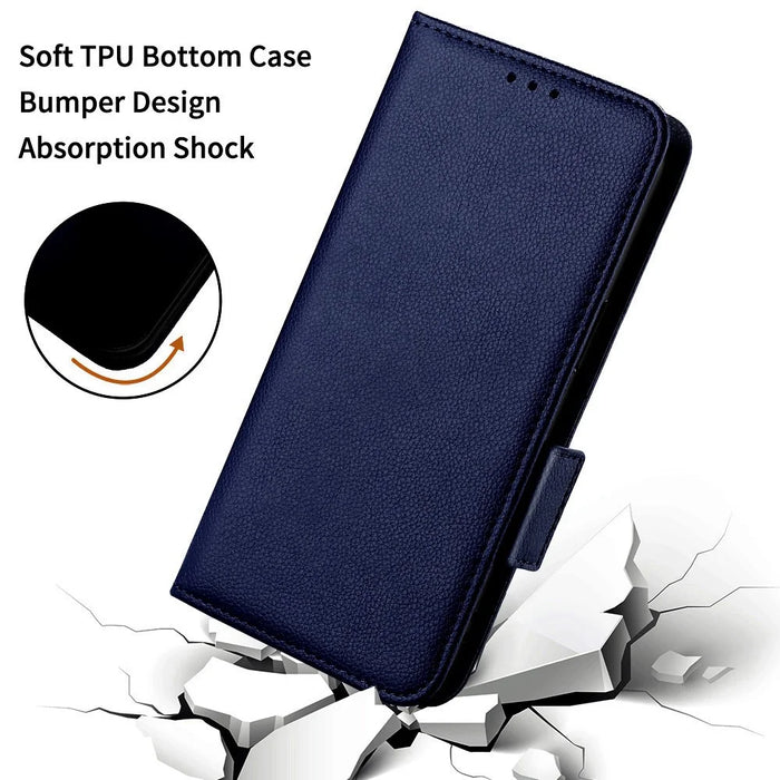 For iPhone 16 Plus Case with Wrist Strap Litchi Texture PU Leather Wallet Phone Cover - Dark Blue - 6