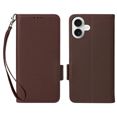 For iPhone 16 Case with Wrist Strap Litchi Texture PU Leather Wallet Phone Cover - Brown - 1