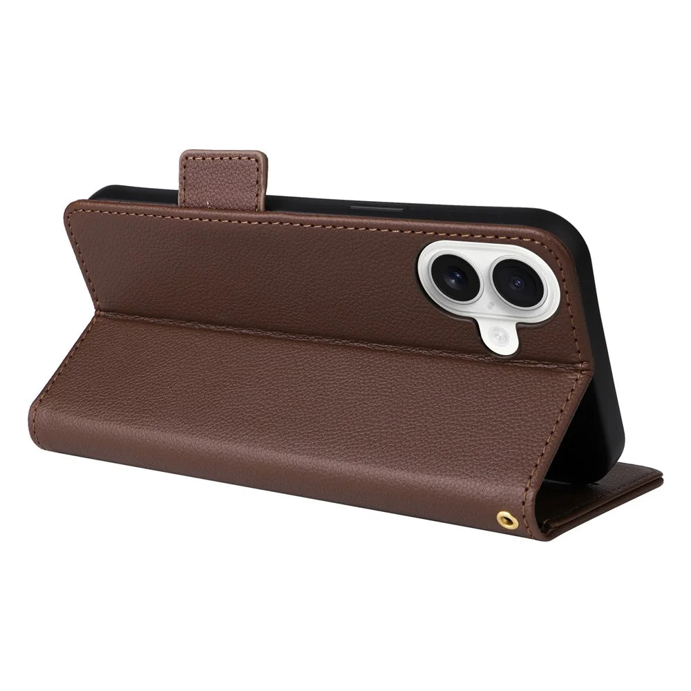 For iPhone 16 Case with Wrist Strap Litchi Texture PU Leather Wallet Phone Cover - Brown - 4